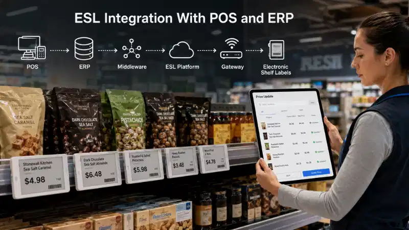 POS আৰু ERP ৰ সৈতে ইলেক্ট্ৰনিক শ্বেল্ফ লেবেল সংহতি: APIs, ডাটা মেপিং, ভুল নিয়ন্ত্ৰণ, আৰু ৰোলবেক