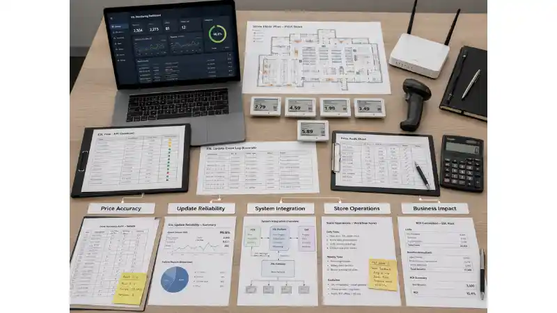 Electronic shelf label pilot KPI framework covering accuracy reliability integration operations and business impact
